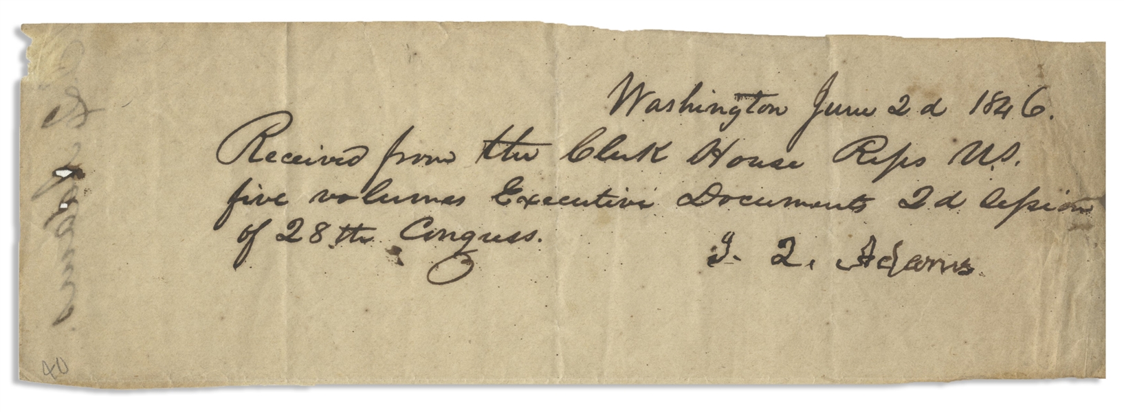 John Quincy Adams Note Signed Related to the 28th Congress